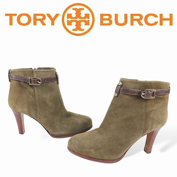 Tory Burch Patricia Mid Heel Suede Zip Up Almond Toe Bootie Ankle Boots Size 6 - Picture 2 of 16